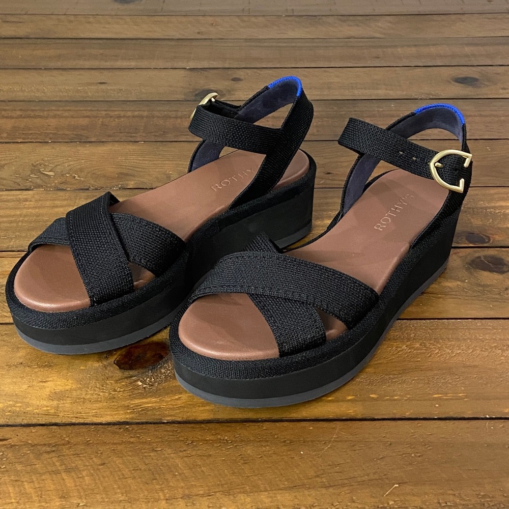 Rothys The Weekend Slide Sandals Black Platform Wedge Ankle Strap Womens 7